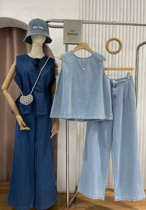 Denim Round Neck Pleated Back Tops with Trousers Sets